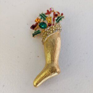 Weiss  VTG Xmas brushed gold tone stocking pin brooch MCM RARE w/rhinestone top